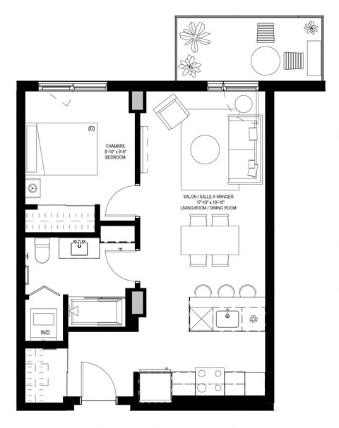 Floor plan for 1 bed, 1 bath, 602 sqft
